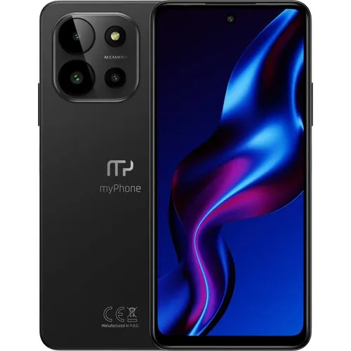 Smartfon myPhone N23 – widok przodu z ekranem i tyłu z potrójnym aparatem